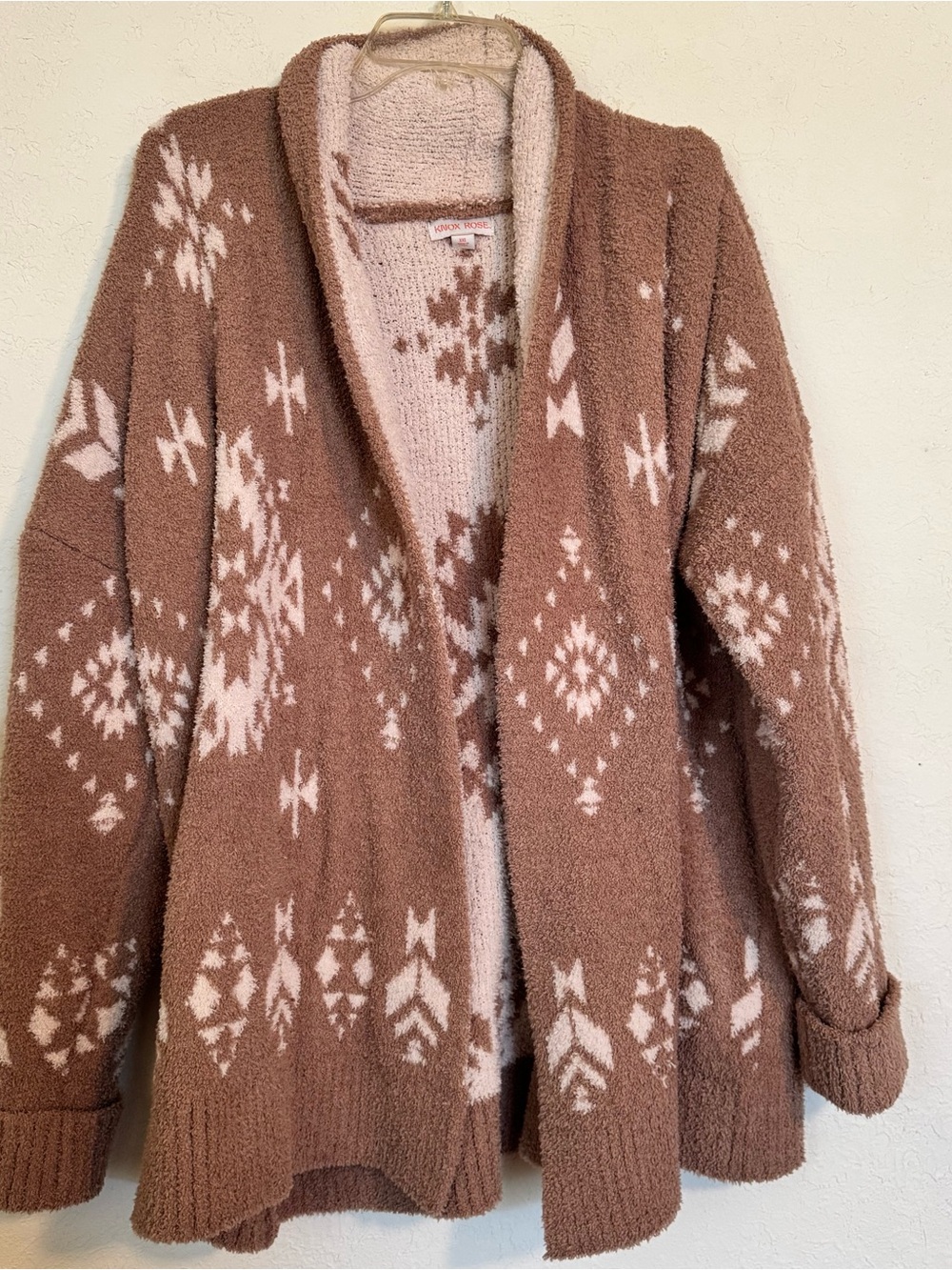 Knox Rose Pink and Brown Snowflake Open-Front Cardigan